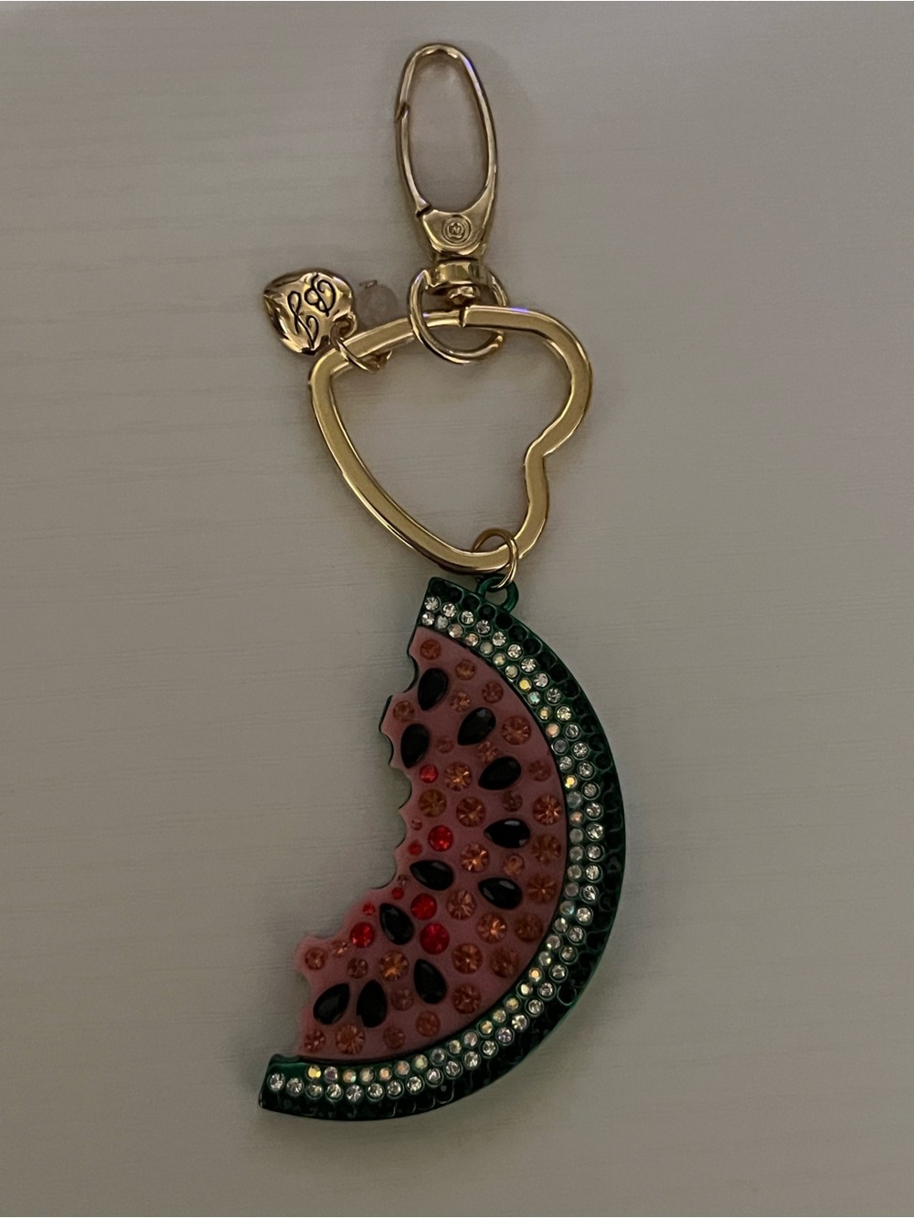 Betsy Johnson Gold Keychain with Pink & Green Jeweled Watermelon Charm